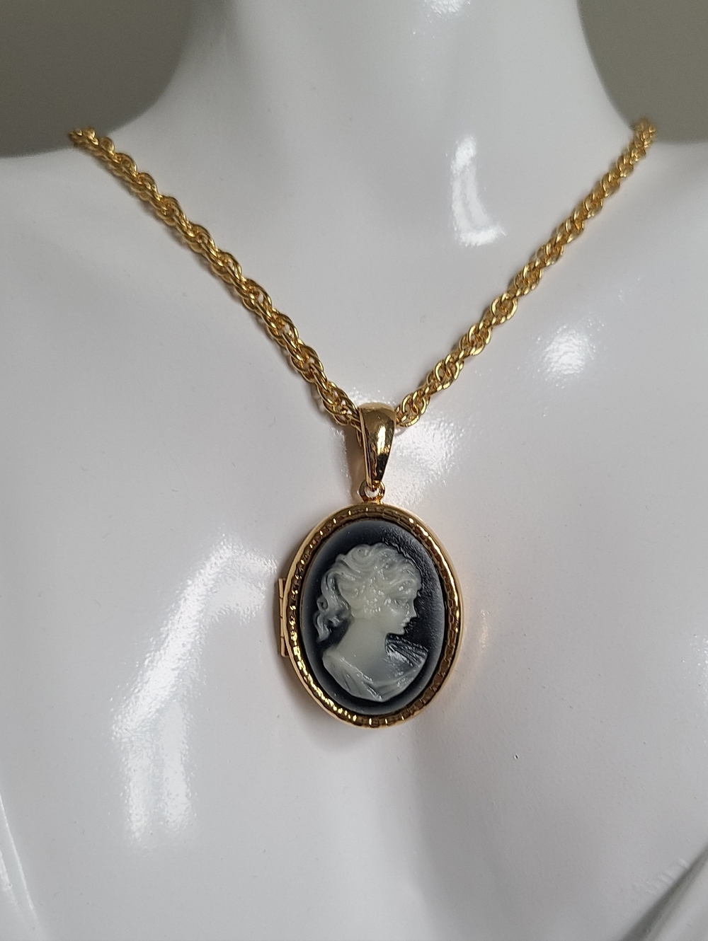 Vintage Victorian Black White Cameo Gold Lockett Pendant Rope Chain Necklace